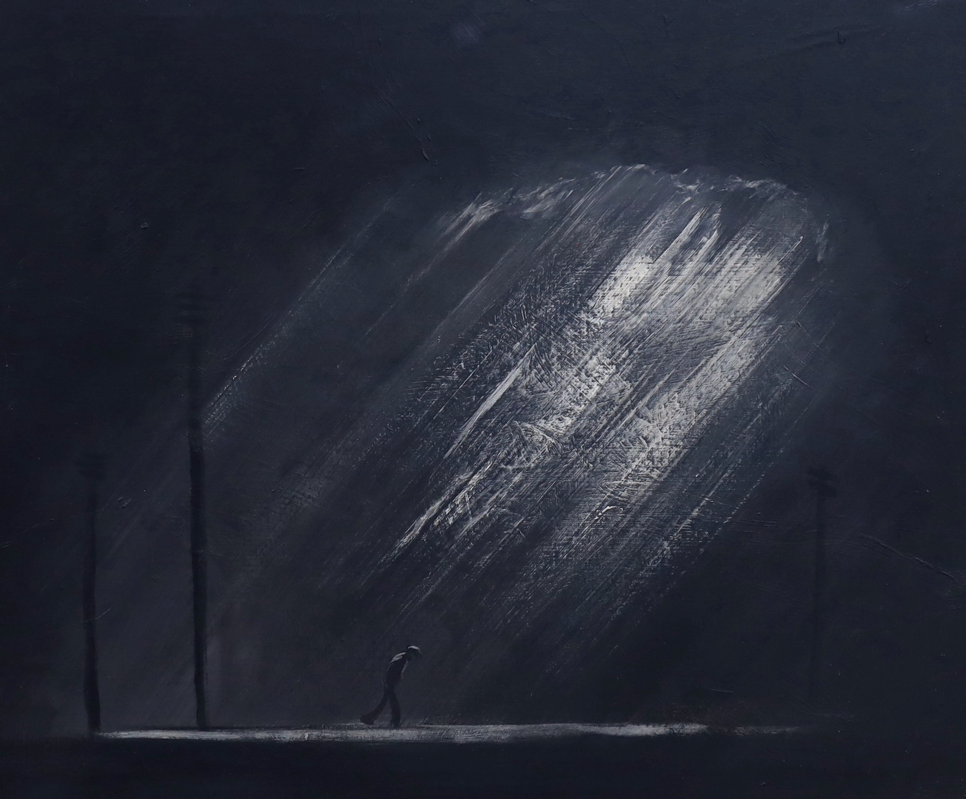 20th century Northern School, monochrome oil on board, Winter street scene with figure, unsigned, 49 x 59cm